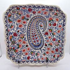 ANCIEN GRAND PLAT CARRÉ CREUX FAÏENCE GIEN DÉCOR CACHEMIRE PLUME PAON CERAMIC