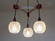 Scandi Teak & Chrome Chandelier with 3 Faceted Glass Shades 1970s Modernism