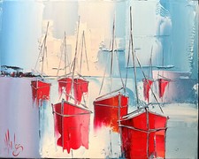 Peinture sur toile 33 x 41 «Les barques rouges » de l'artiste peintre DOUCHEZ