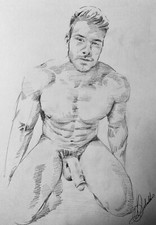 Dessin Original Signé Nu Masculin Érotique