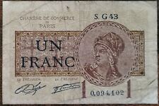 Billet 1 franc chambre de commerce de PARIS 1920 nécessité S.G43