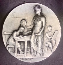 Début XXe MEDAILLE BRONZE ARGENTÉ CERTICAT D’ÉTUDE  SCULPTEUR RASUMNY École