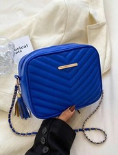 Sac A Bandoulière Bleu Azur Femme Simili Cuir Matelassé Chevron Pompon Frange