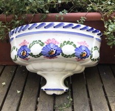French Vintage Hand Painted Pottery White Majolica Blue Wall Pocket Vase Planter