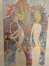 Superbe aquarelle cubiste art déco 1960's nus féminins