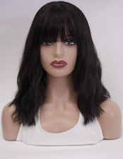 Perruque Synthétique Femme Coupe Courte Carré Noir Ondulé Wig A Frange +4 Bonnet