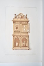 AM003 Lithographie originale meuble porte cigares style renaissance fumoir 