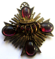 Ancienne grande broche collection bronze doré perle cristaux améthyste bijou 306