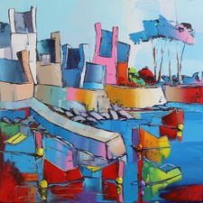 Peinture sur toile 50 x 50 «Village de pêcheurs » de l'artiste peintre DOUCHEZ