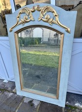Trumeau Ancien Miroir LOUIS XV bois Gris Bleu Motif Sculpté Feuille Or 