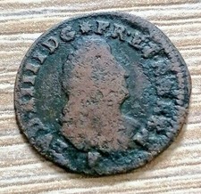  LOUIS XIV LE GRAND OU LE ROI SOLEIL II deniers, légende latine 1708 S en cuivre