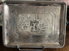 Plateau métal argenté 28,5 x 21,5 décor gravé « Danseuses Orientales »