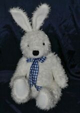 ?Doudou Lapin YVES ROCHER Blanc Poil Long Noeud Bleu Carreaux Peluche 32 -41 Cm
