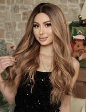 Perruque Synthétique Brun Châtain Clair Wig Femme Longue Ondulé Bouclé +4 Bonnet