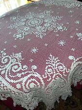 Nappe ancien en coton filet et franges 140 cm x 150 cm