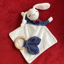 🇫🇷 Doudou Plat Lapin Noeud Rouge Rayé Bleu Blanc Anneau ENVIE DE FRAISE NEUF
