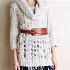 Anthropologie Sleeping on Snow Oatmeal Cowl Neck Cableknit Sweater Size Small