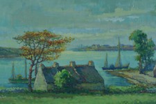 Tableau Ancien école Bretonne Vue de la Rivière d' ETEL animé signé SV H. Moret 