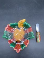 Beurrier En Céramique En Forme De Feuille Et Son Couteau Vallauris 