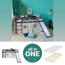Cadre Lit superposé enfant 90x200 Mezzanine Gris Matelas Toboggan Homestyle4u