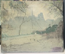 Tableau Ancien  Huile Paysage Paris Notre Dame Quais de Seine Début XXe