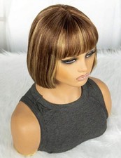 Perruque Brune Wig Naturelle Humains Style Courte A Frange +4 Bonnets