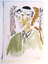 Ecole FRANCAISE XX DESSIN AQUARELLE PORTRAIT HOMME KIPPA JUDAICA suiv. CHAGALL e