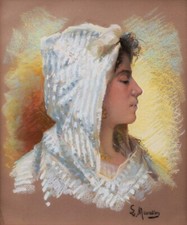 Dessin pastel tableau portrait art orientaliste femme Algérie Louis MURATON