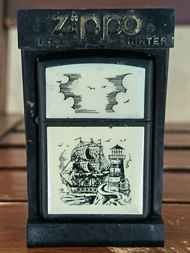Zippo black scrimshaw - ship, &