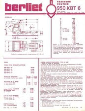 BERLIET / 950 KBT 6 / TRACTEUR ROUTIER / FICHE TECHNIQUE de 1976