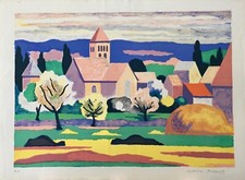 Maurice CHAPUIS - Estampe originale - Lithographie - Village dans la montagne