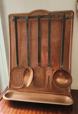 Ancien Porte Ustensiles Cuivre 5 Accessoires Support Cuisine Vintage Complet