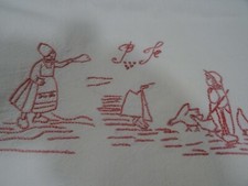 ancien,vintag  brodé main= scéne oies =futur rideau ou autre ,métis ,jours blanc