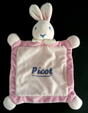 *. DOUDOU PLAT PICOT LAPIN ROSE COL BLANC BLEU EXCELLENT ETAT