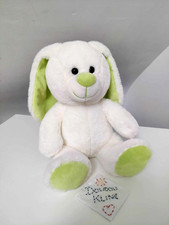 Peluche/Doudou Lapin Assis Blanc Oreilles Nez Vert Yeux Noirs Durs 25cm  - Gipsy
