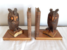 ANCIENNE Paire de Serre-Livres en Bois Sculpté en Forme de HIBOUX