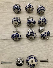 lot 10 boutons de commode porcelaine  fleurs blanc bleu 40mm