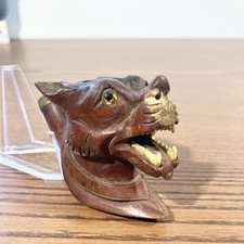 Tête de pipe zoomorphe ancienne sculptée – Chien/loup aux dents en os – Art pop