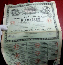 Sté des Ets P.J. Hazard Part de fondateur- Paris 1919 bonds actions