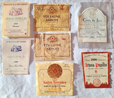 Lot de 7 ETIQUETTES anciennes de vin du Jura, neuves ou décollées des bouteilles
