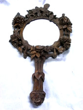 ??  ANTIQUE FACE A MAIN FORÊT NOIRE MIROIR GLACE BOIS SCULPTE OISEAUX ANTIQUE
