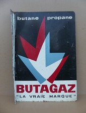 Ancienne plaque tôle peinte BUTAGAZ SASAGO 1965 double face déco vintage indus