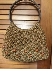 VTG 1970s Boho Retro Mod Hippy JUTE MACRAME beads Shopper Bag Purse  EUC