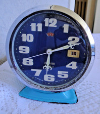 réveil ancien HERO mécanique dateur gros caractères métal bleu vintage 60