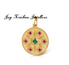 14K or Émeraude & Rubis Médaillon Disque Pièce Main Délicat Personnalisé Pendant