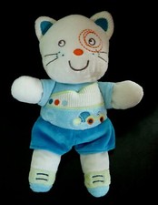 Y1. DOUDOU PELUCHE NICOTOY SIMBA CHAT BLANC BLEU VERT AUTO VOITURE ETAT NEUF*