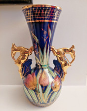 Vase Faïence à Anses Antilope Dorées -H BEQUET QUAREGNON Signé Numéroté Belgique