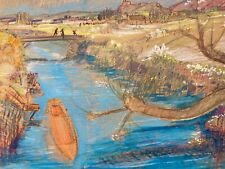 Tres beau Dessin 1960 Paysage Expressionnisme Bateau Canal Carton A Identifier