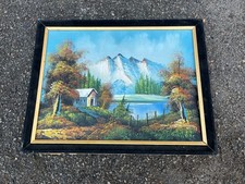 Tableau peint à l’huile – paysage de montagne avec lac et cabane