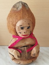 VINTAGE TIRELIRE SINGE A LUNETTES EN  NOIX DE COCO NATURELLE FAIT MAIN  HAUT32.5